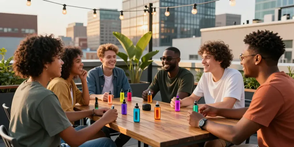 Friends sharing Alien Labs disposables on a sunny terrace, vibrant cityscape background.