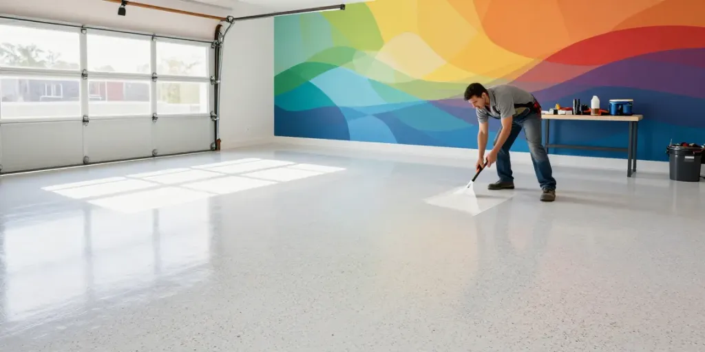 ElevateEpoxyFlooring.com showcasing vibrant epoxy flake colors in a modern garage with a contractor applying an eco-friendly epoxy.