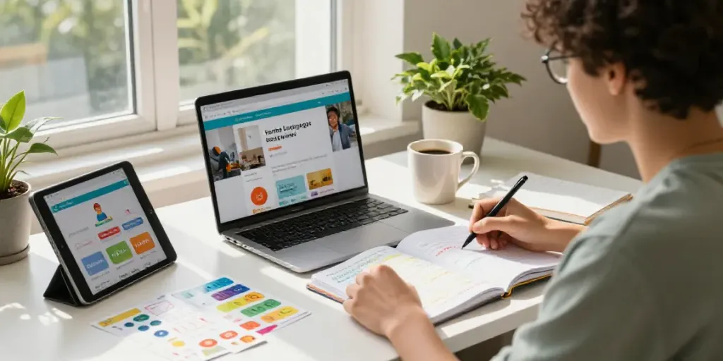 Engaging online language learning setup with interactive tools and resources, Situs togel focus.