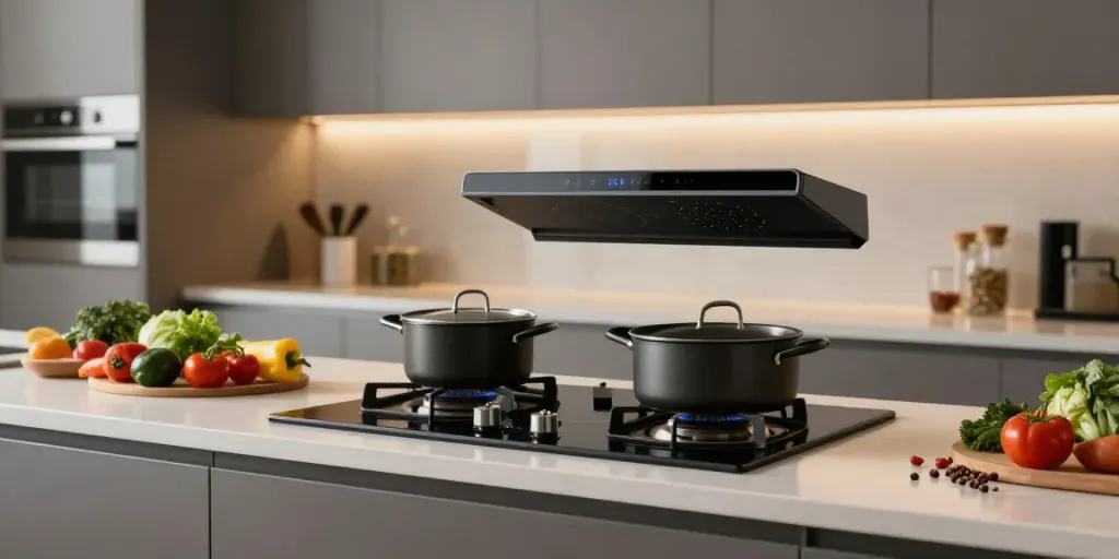 Home cook using an extractor hob for meal prep with fresh ingredients.