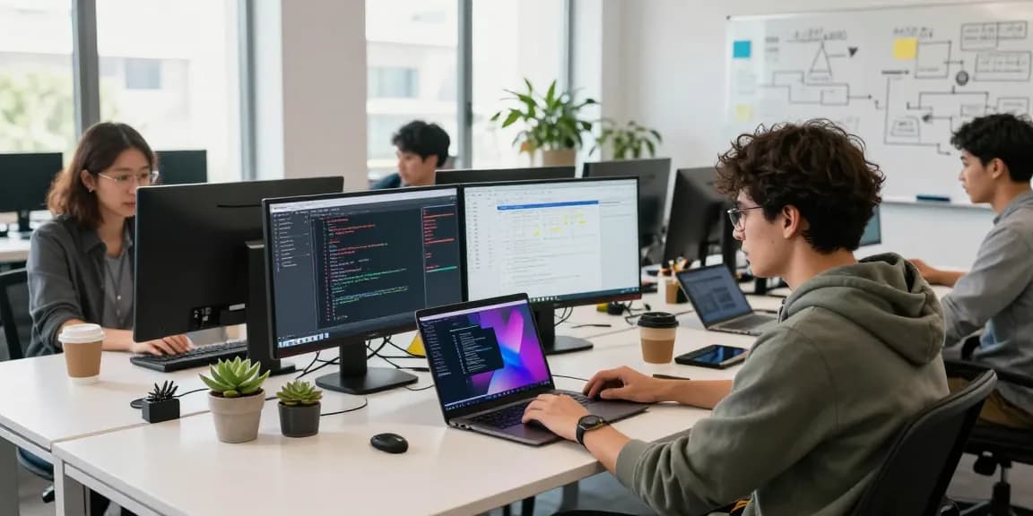 Developer using openclaw skill in a vibrant co-working space with tech gadgets and collaborative tools.