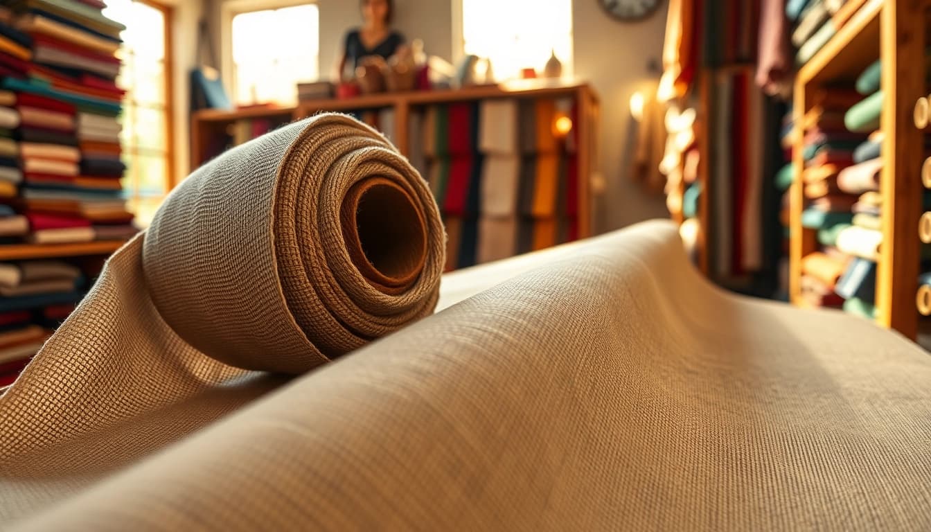 Rol katoen met unieke textuur en kleuren in een artisanale stoffenwinkel.