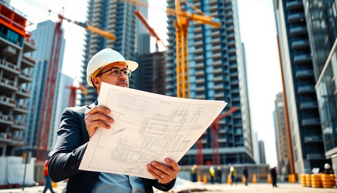 Manhattan Construction Manager overseeing a construction site with architectural plans in hand.