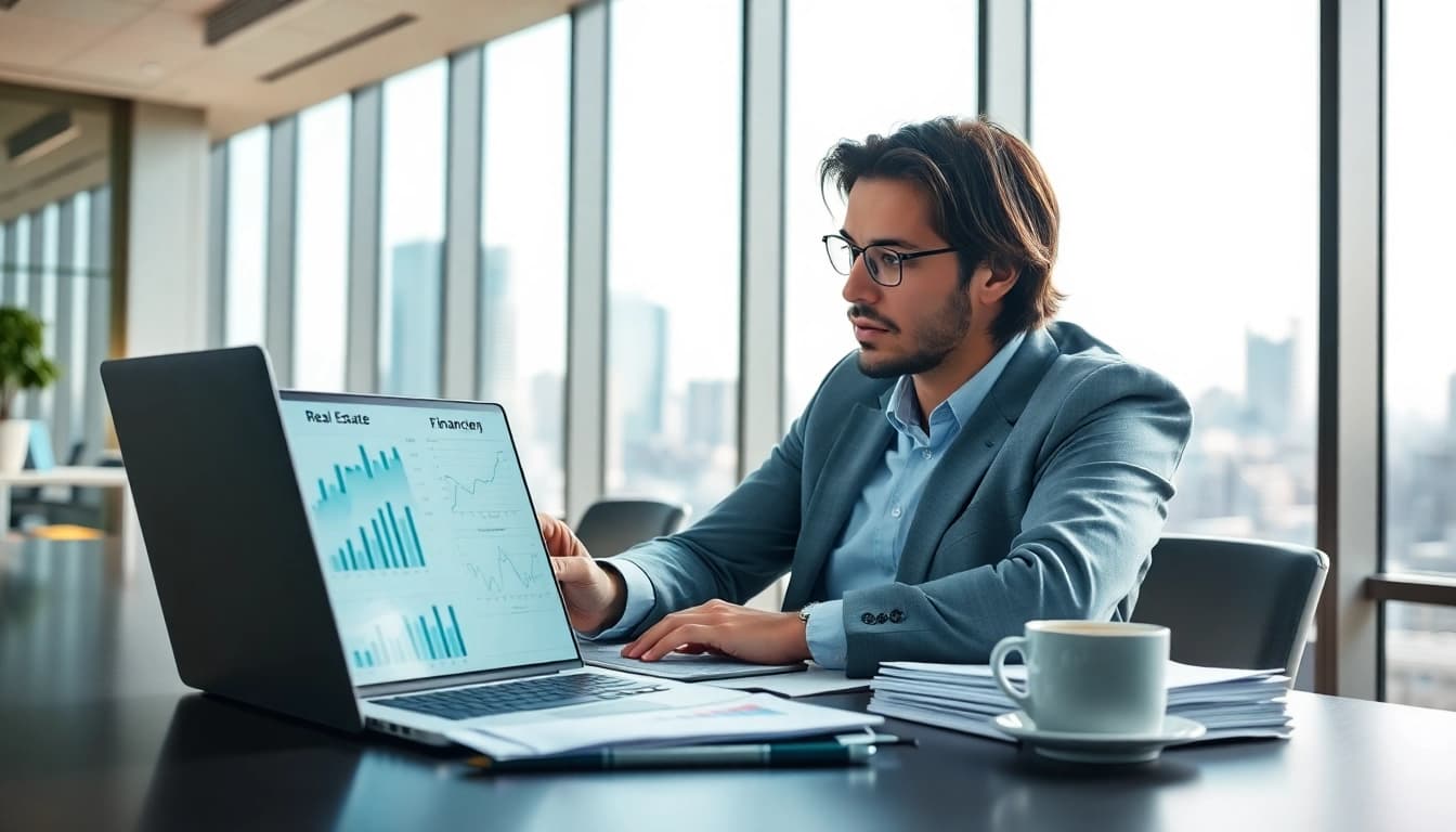 Analyze Real Estate Finance options with a financial analyst in a modern office.