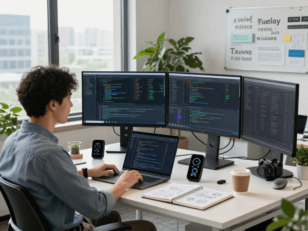 Dynamic AI workspace illustrating a professional's crush on ai with algorithms, data visualizations, and smart gadgets