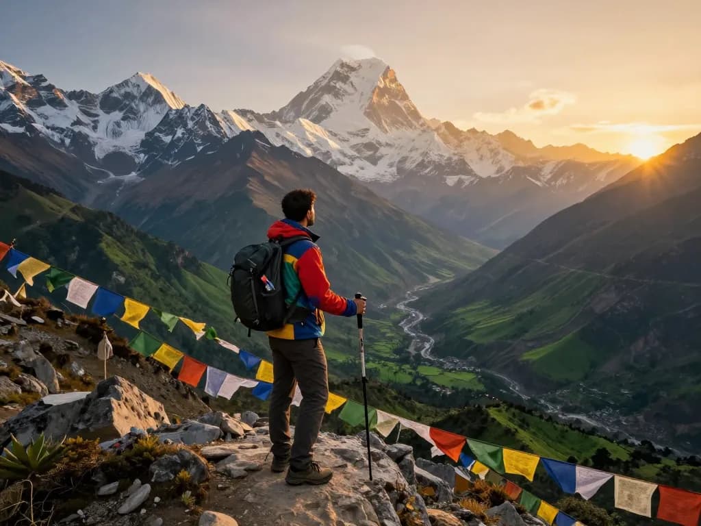Traveler on the Annapurna Circuit, enjoying scenic mountain views during sunset.