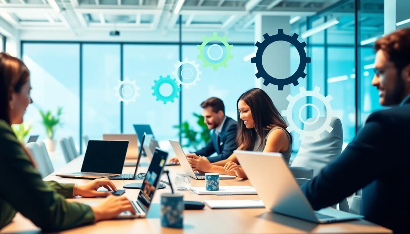 AI assistant for enterprise teams facilitating collaboration among diverse professionals in a modern office.