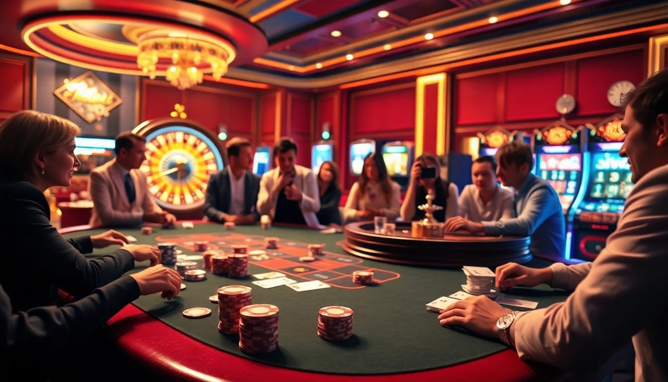 Scène captivante sur un site de casino en ligne avec des jetons de poker, des cartes et une roue de roulette animée.
