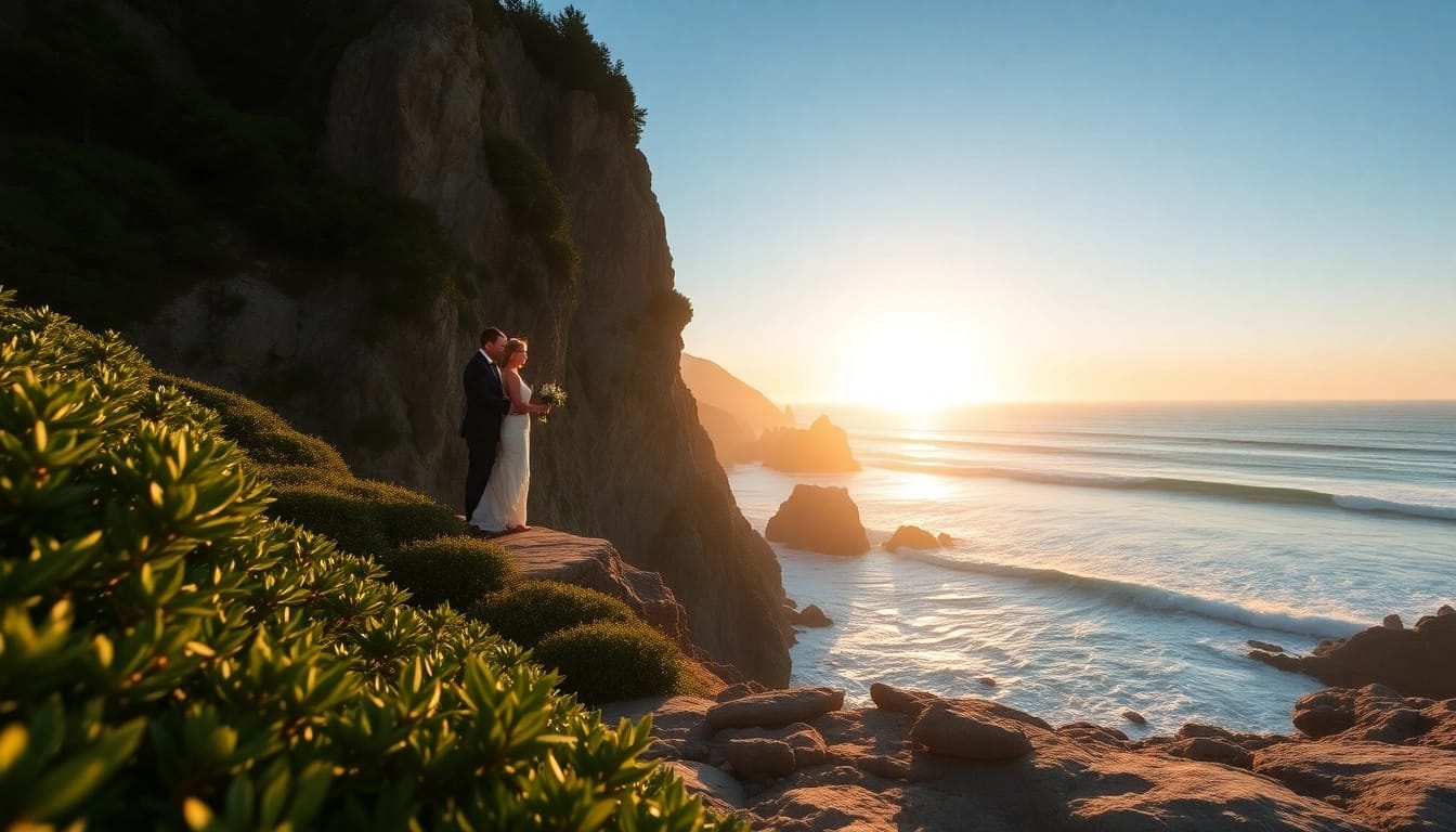 Couple exchanging vows in a stunning Big Sur wedding photography setting at sunset.