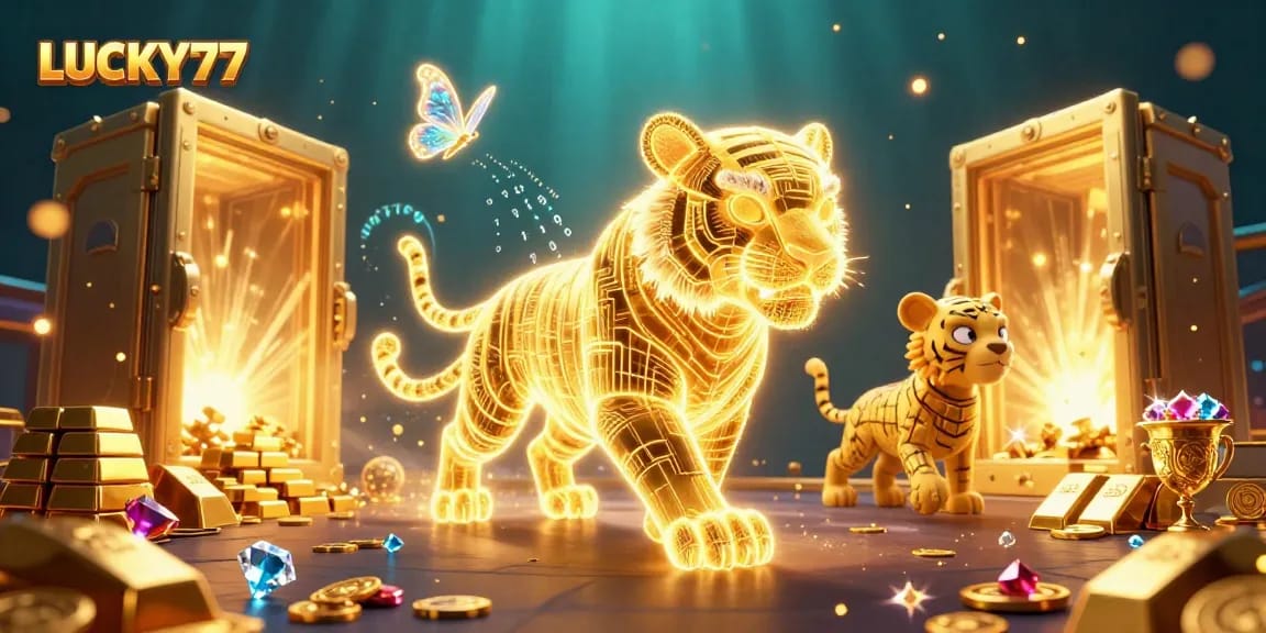 Experience the vivid action of LUCKY77 with a neon golden tiger surrounded by treasure in a stunning casino scene.