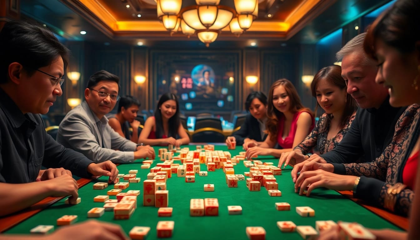 Permainan demo mahjong ways 2 dengan pemain terlibat di ruang kasino yang ramai.