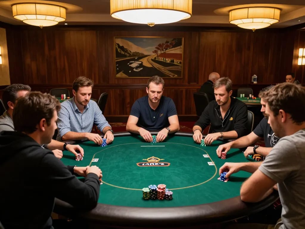 Players engage in an intense poker game at 888top casino, showcasing strategic gameplay and a luxurious atmosphere.