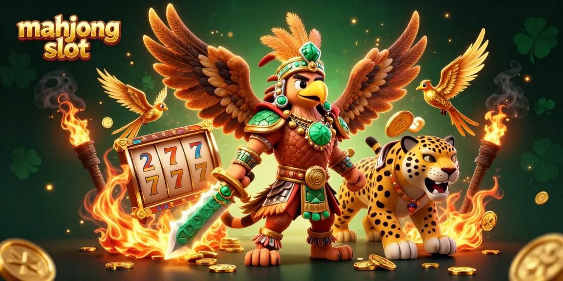 Engage in the mahjong slot experience with vibrant Aztec warriors in a dynamic gambling scene.