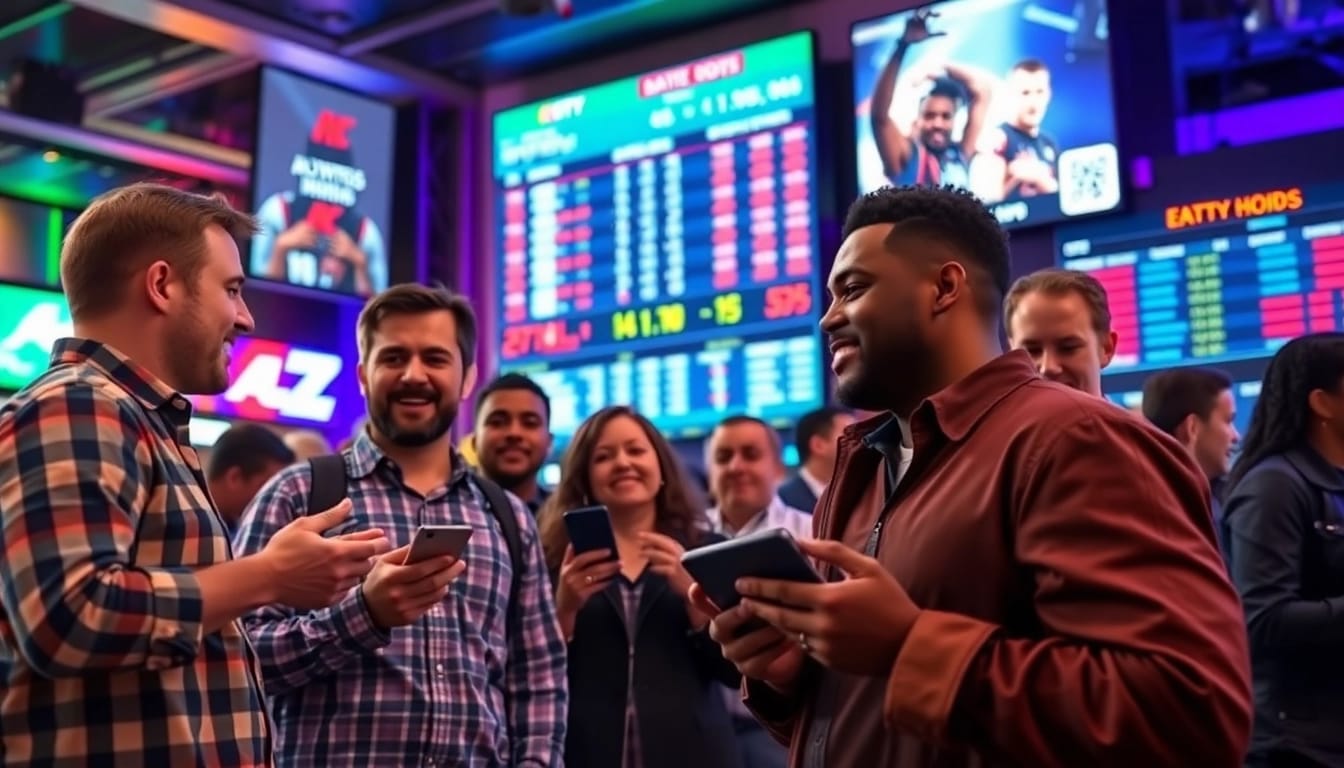 Engaging scene of bettors discussing strategies for online sportsbooks Oklahoma, highlighting vibrant atmosphere.