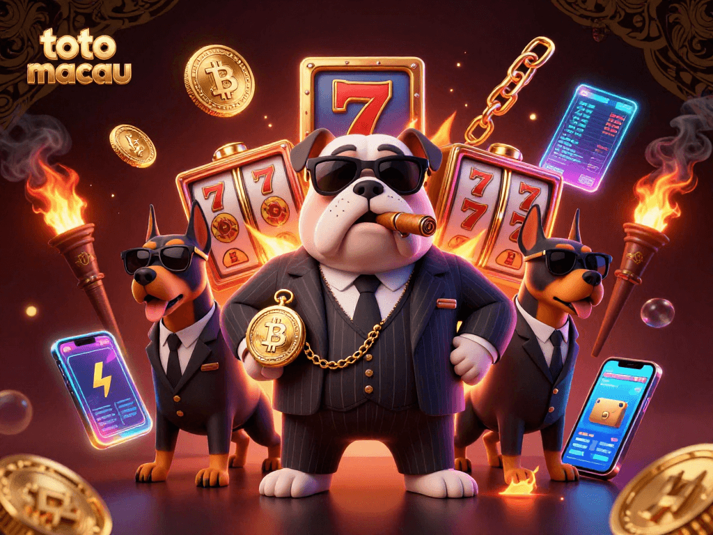 Engage with toto macau's vibrant casino atmosphere featuring a mafia bulldog and bodyguards surrounded by slot game elements.