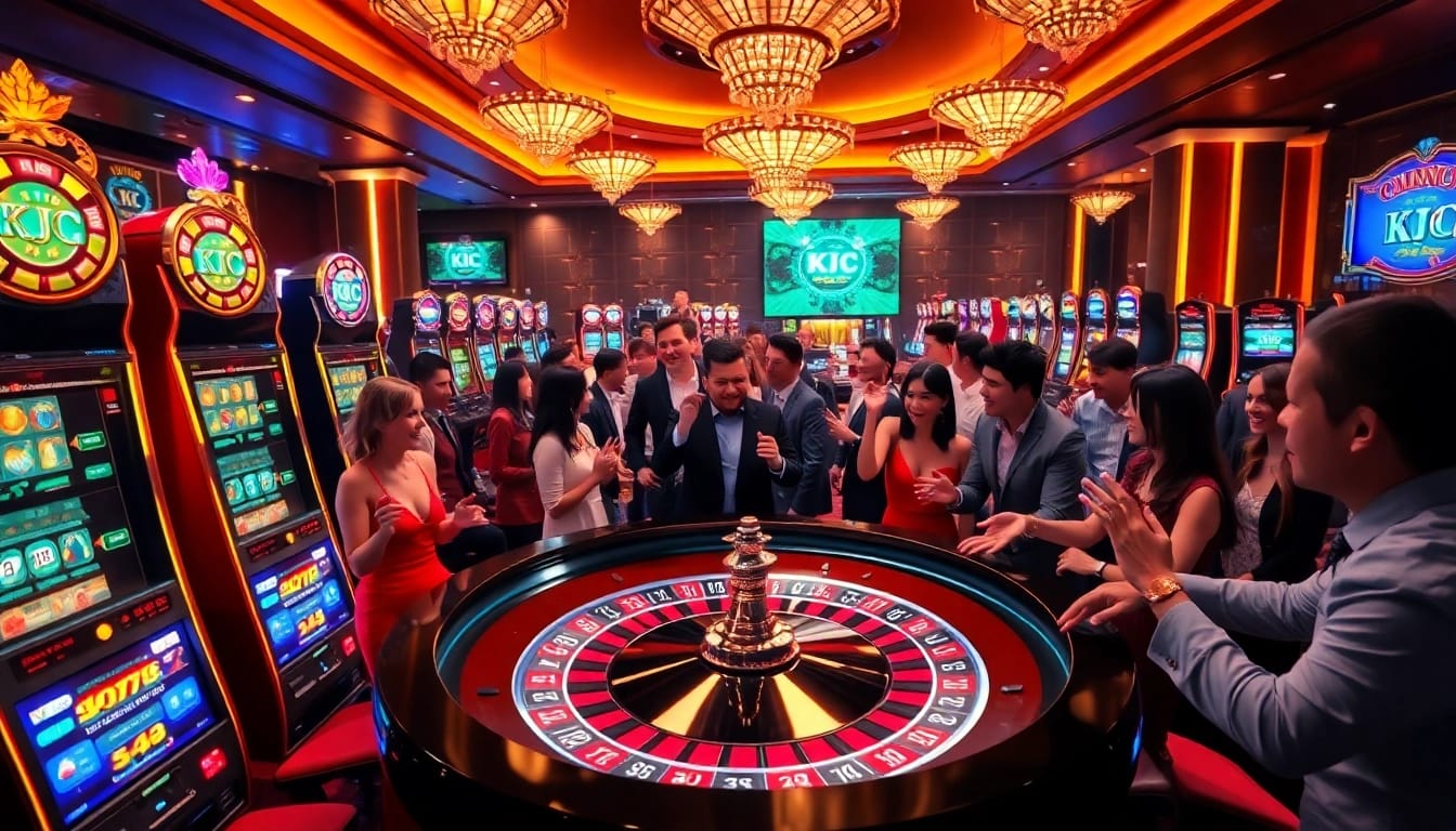 Players celebrating at a KJC casino roulette table filled with vibrant lights and thrilling energy.