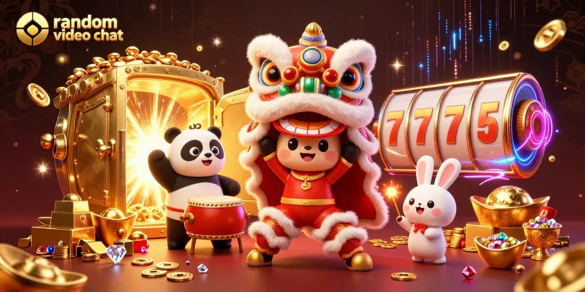 Engage in random video chat amidst thrilling casino excitement with animated characters and vibrant elements.
