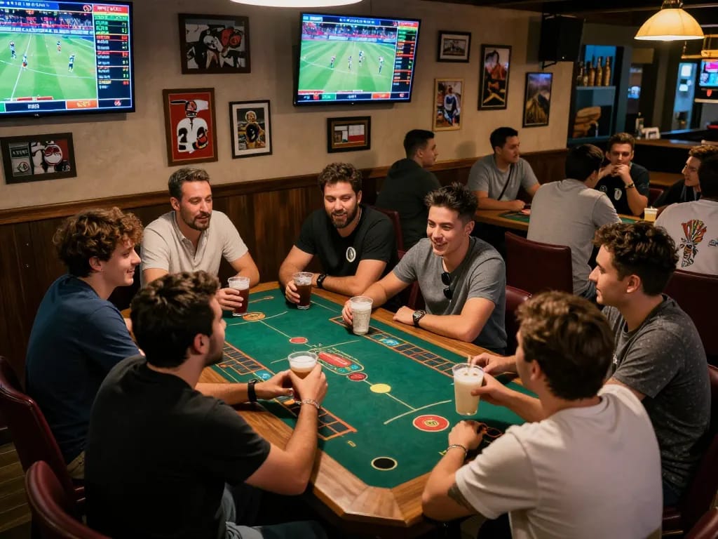 Engaged bettors excitedly analyzing sports odds at FUN79 com in a lively sports bar setting