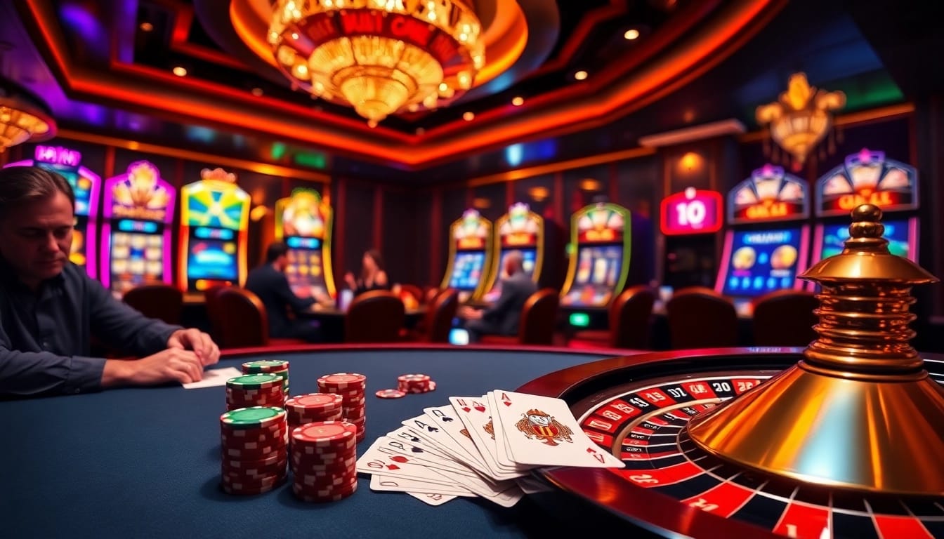 Participez à des jeux palpitants sur un site de casino en ligne avec des jetons de poker et une roulette.