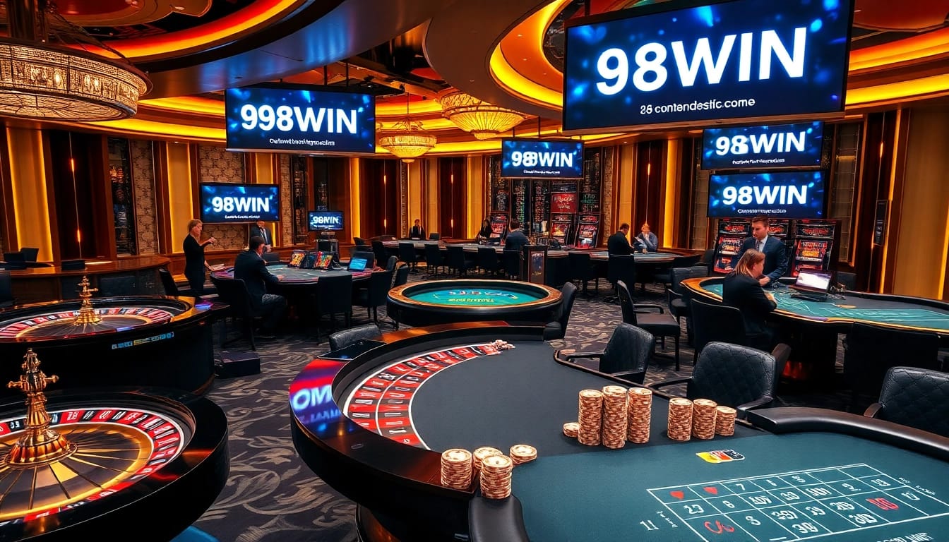 Engaging in a thrilling game at 98WIN casino with vibrant tables and luxurious ambiance.