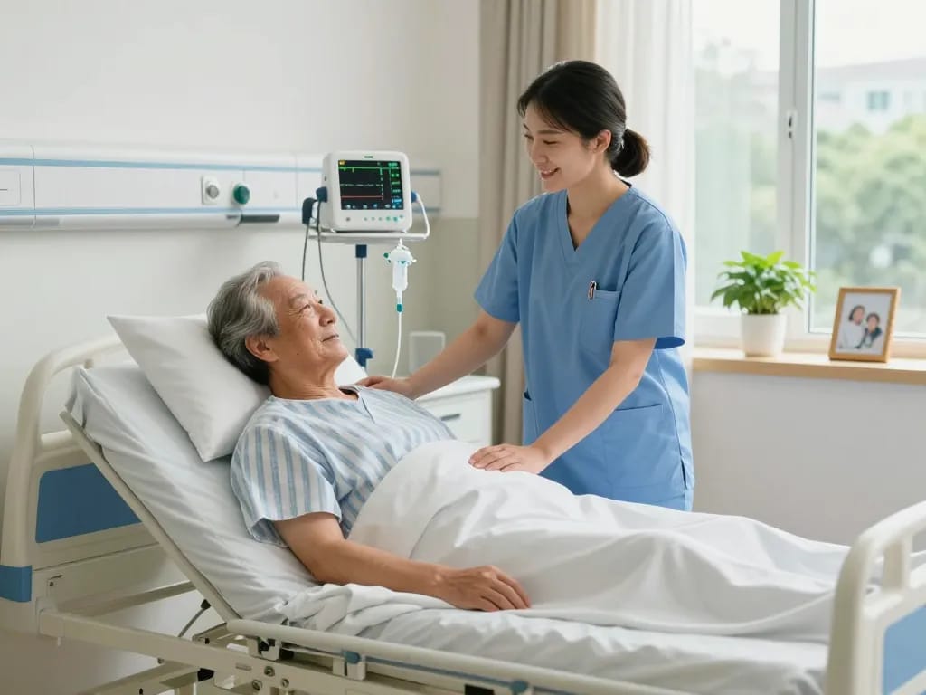 Comfortable giường bệnh nhân in a bright hospital room with a caregiver adjusting its features.