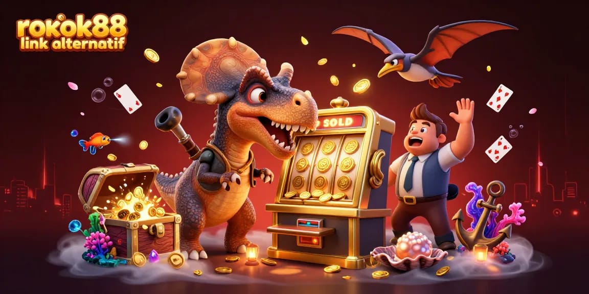 Spin the reels with rokok88 link alternatif while coins rain down in this vibrant casino scene.