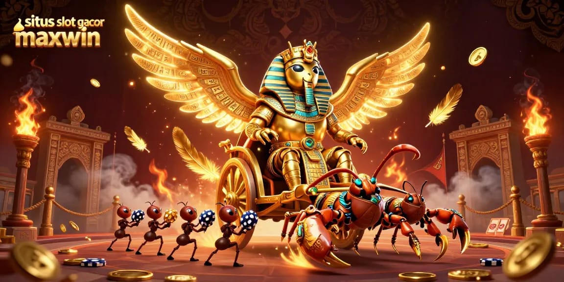 Engage with situs slot gacor maxwin featuring a golden scarab in a dynamic 3D casino scene with slot reels and scorpions.
