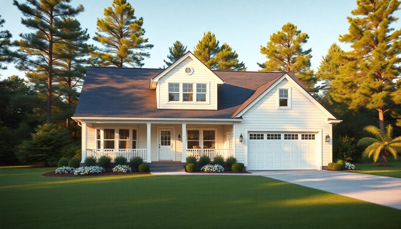Elegant cape cod home showcasing an attached garage amidst lush greenery.