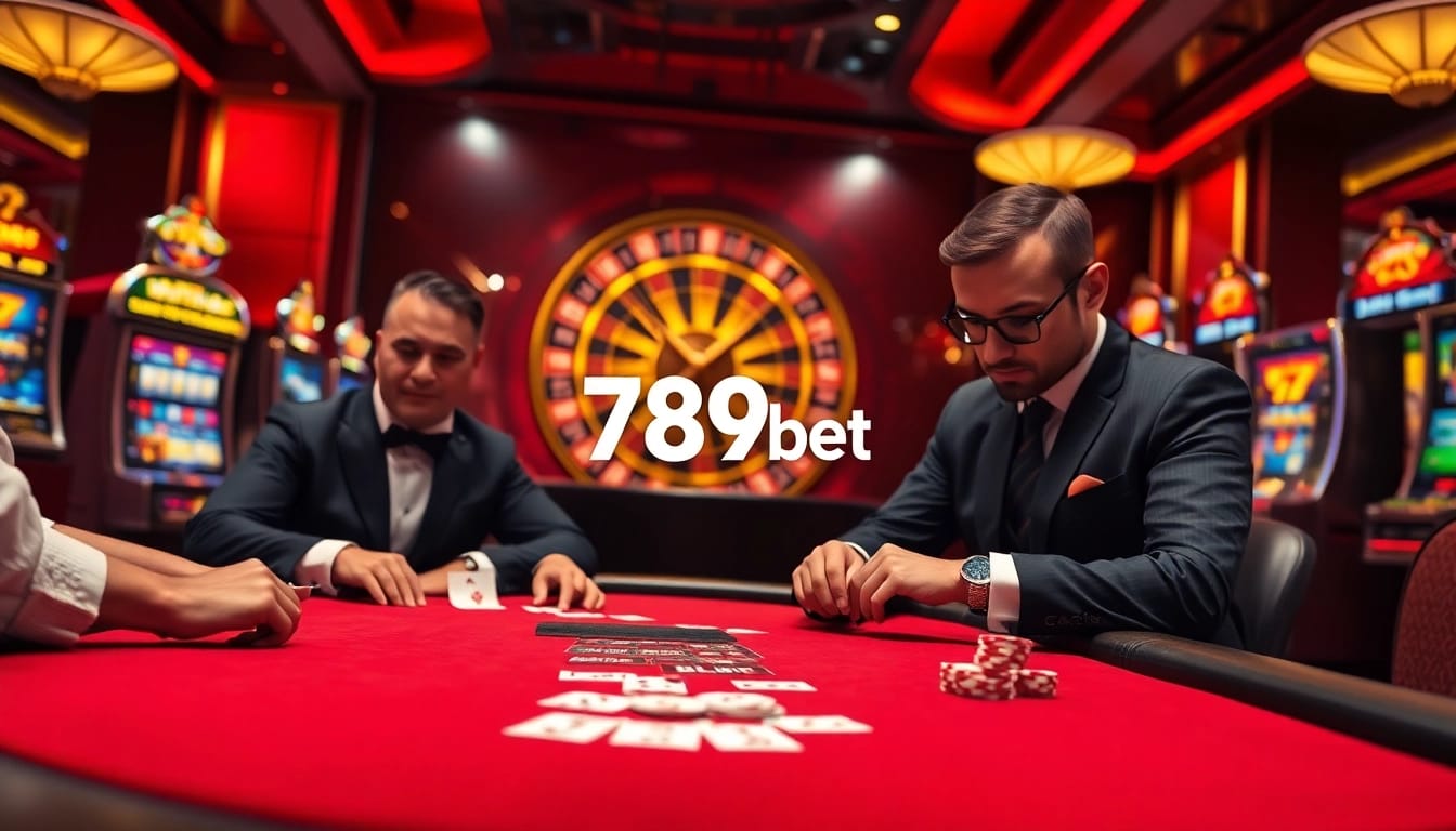 Experience the thrill of 789bet at a luxurious poker table in a vibrant casino atmosphere.