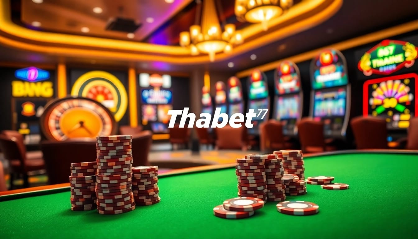Exciting gambling scene with Thabet77 featuring poker chips, a roulette wheel, and vibrant slot machines.