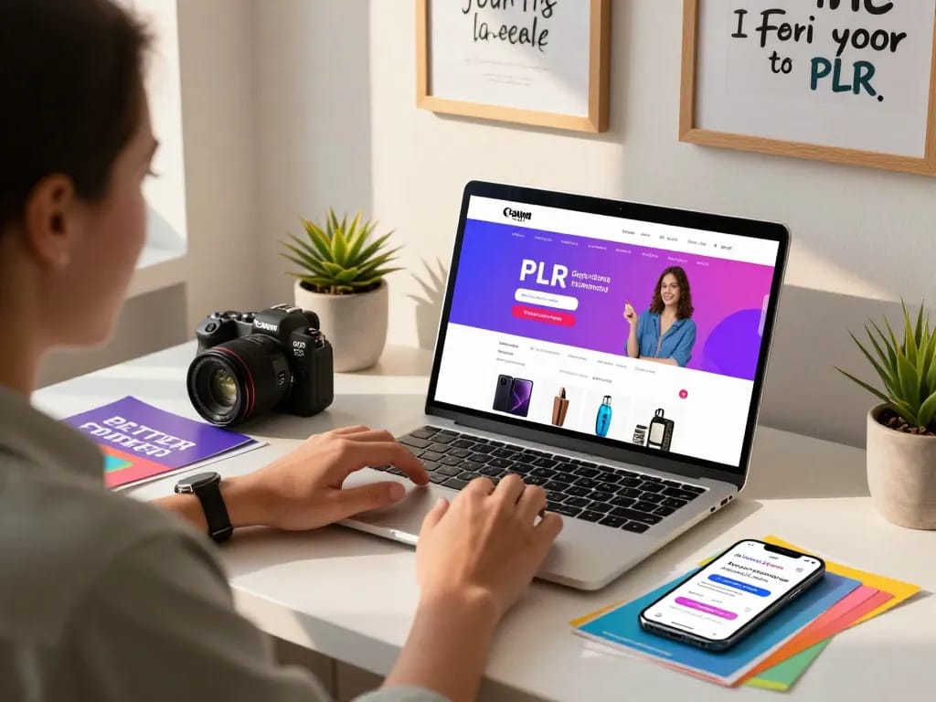 Entrepreneur showcasing PLR Digital Products for Sale in a modern workspace environment.