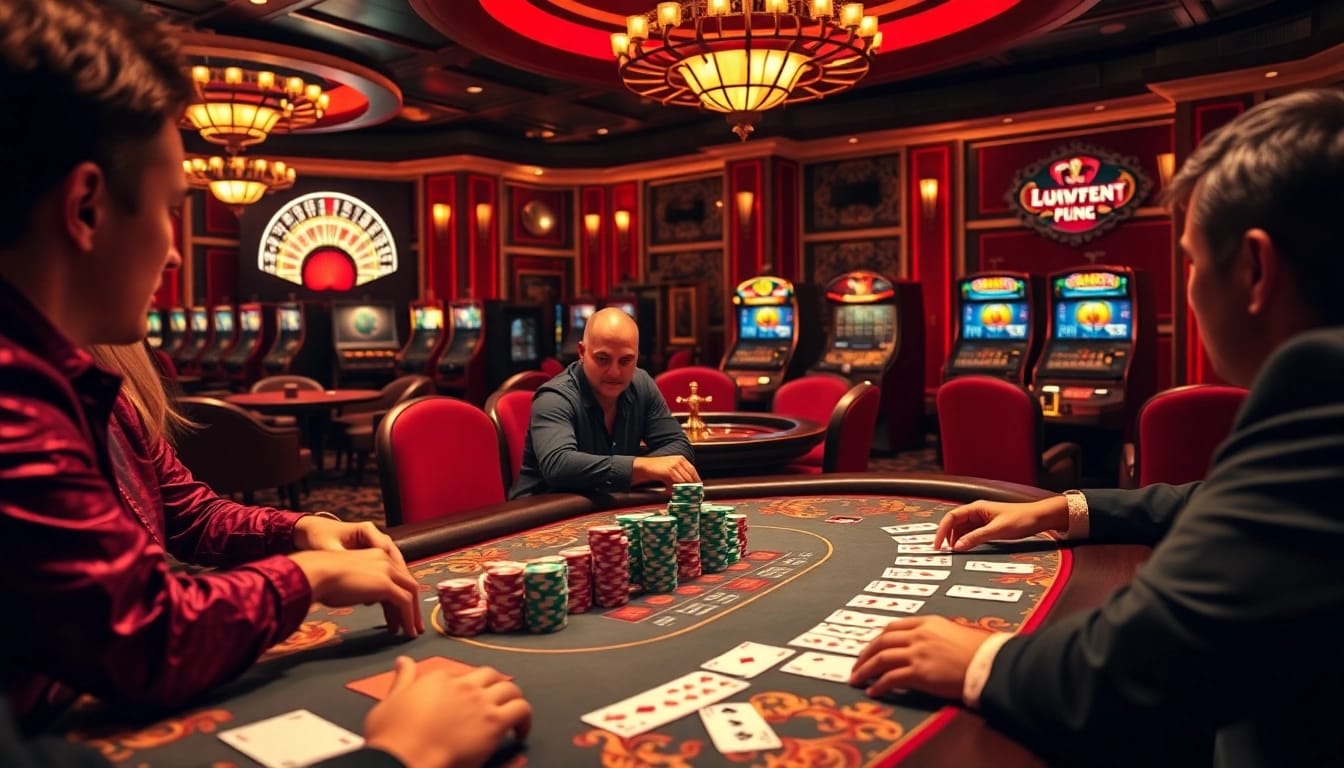 Action engageante de jeu de poker dans un site de casino en ligne luxueux mettant en avant des joueurs professionnels.