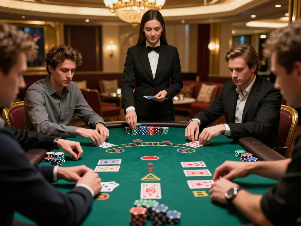 Players at FAFA 828 blackjack table strategizing their next move in an upscale casino.