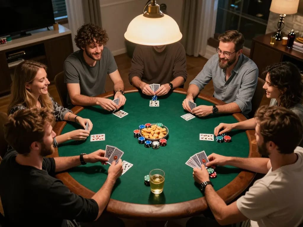 Players enjoying mahjong ways slot strategies during a friendly poker night at home.