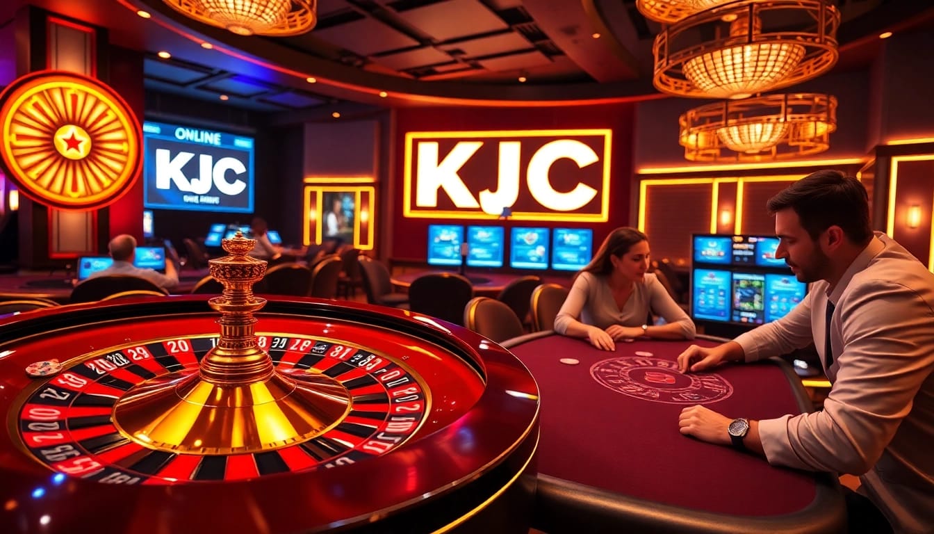 A thrilling KJC casino scene featuring a roulette wheel, poker players, and online gaming interface.