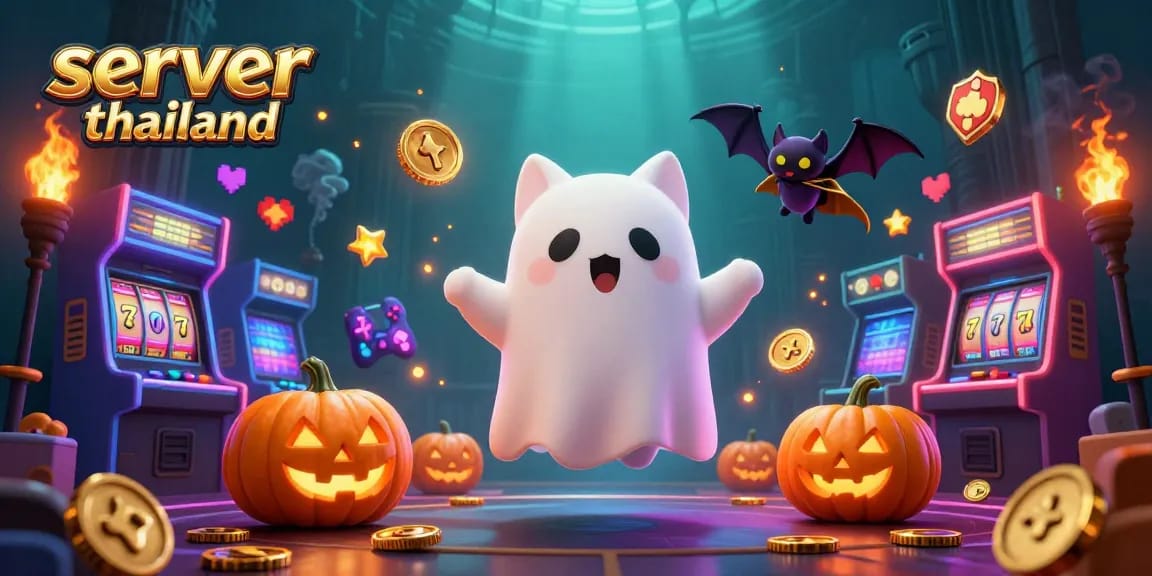 Experience server thailand's thrilling atmosphere with a friendly ghost cat and jackpot slots in a haunted casino.