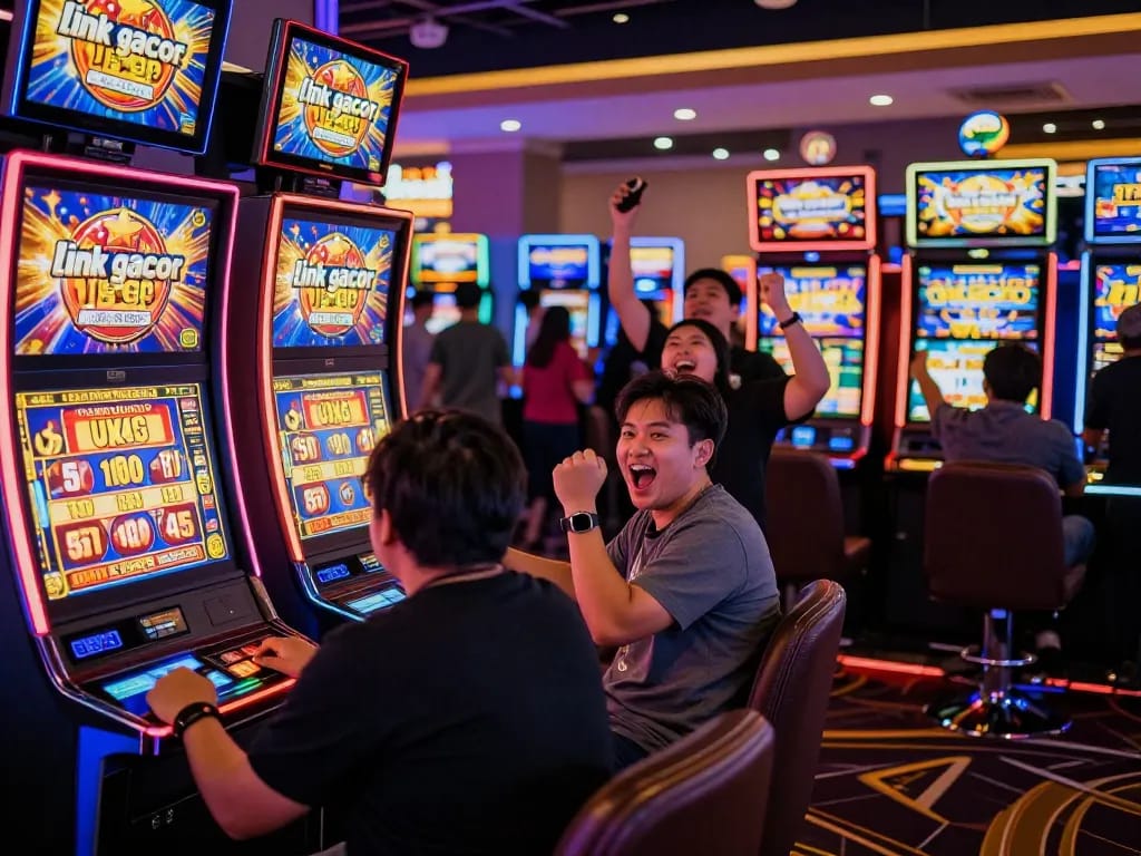 Exciting casino scene celebrating a winning "link gacor" slot machine moment.