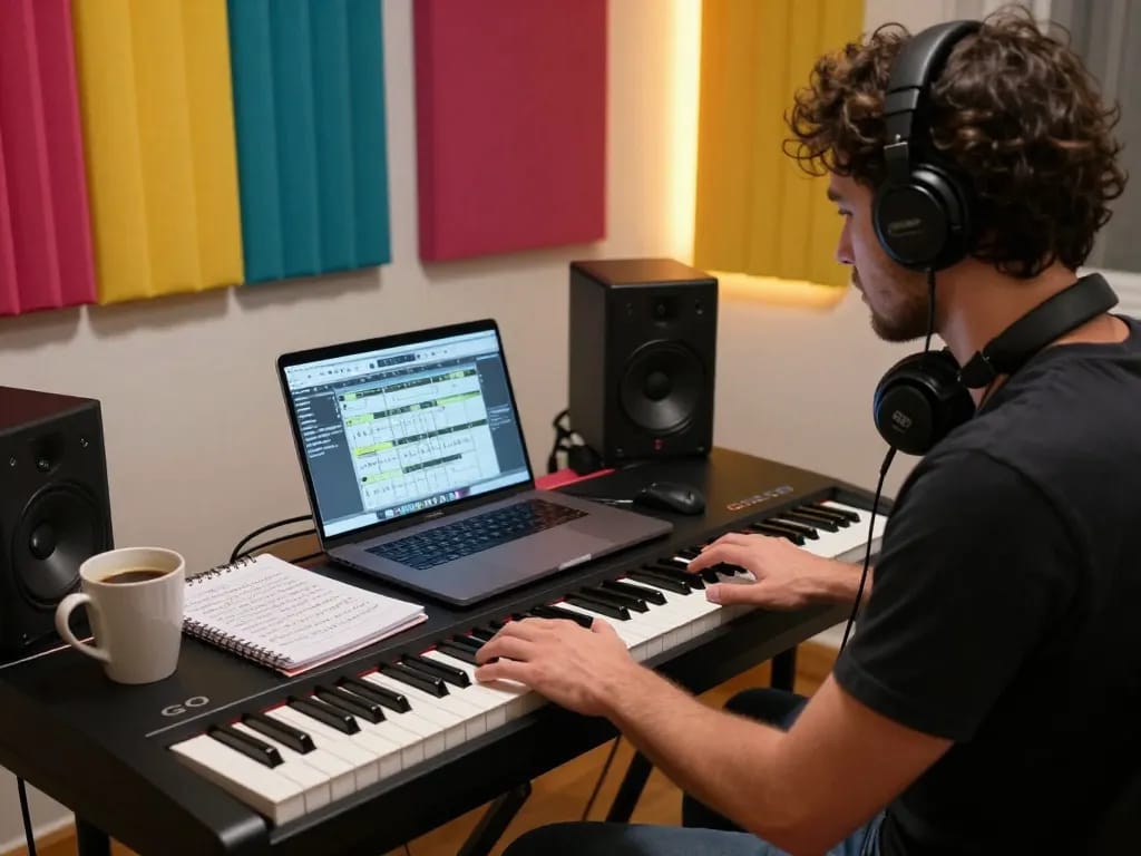 Creating music on the GO 88 digital piano in a colorful studio.