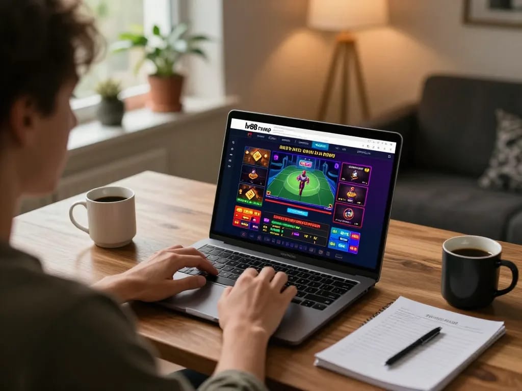 Engaged player enjoying the dynamic lv88 trang chủ interface on a laptop in a cozy home setting.