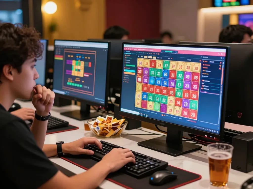 Permainan yang menarik dalam toto togel dengan pemain yang aktif berpartisipasi dalam setup perjudian online, antarmuka digital yang penuh warna.