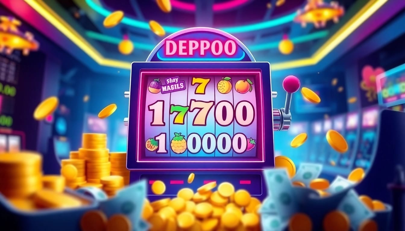 Menangkan slot depo 1000 dengan simbol jackpot cerah dan suasana kasino yang hidup.