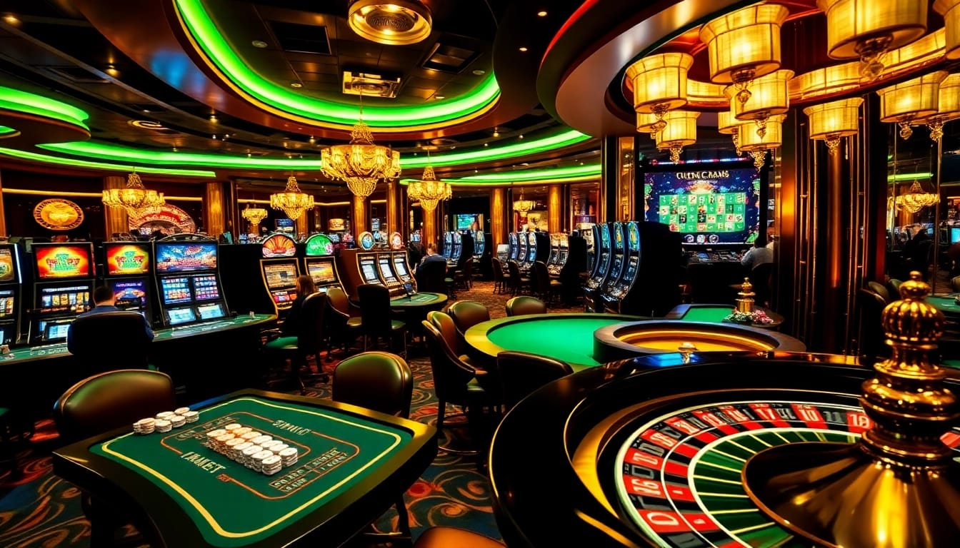Action de jeu intense sur un site de casino en ligne avec des tables élégantes et des machines à sous palpitantes.