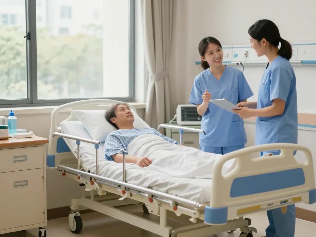 giường bệnh nhân in a healing hospital room with soft natural light, conveying care and comfort