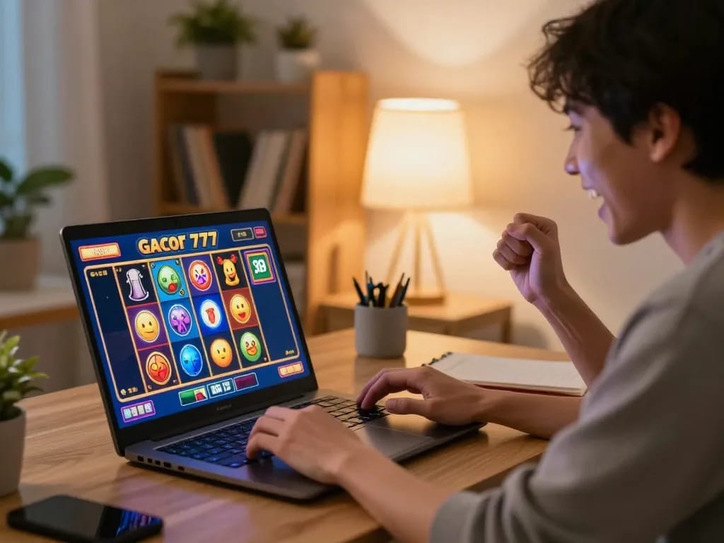 Celebrating a win on slot gacor 777 during an exciting online gaming session at home