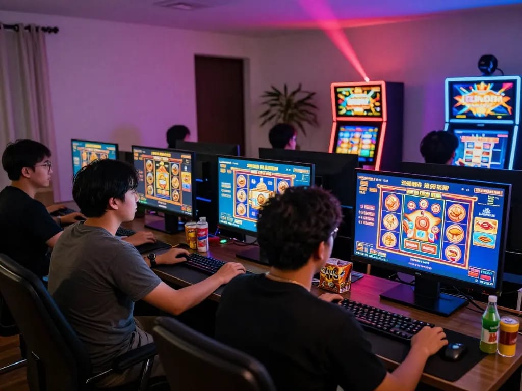 Pemain yang bersemangat terlibat dengan permainan slot online link gacor dalam pengaturan permainan di rumah yang cerah.