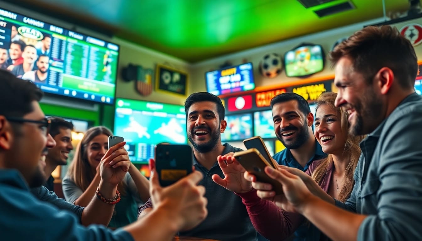 Engaged users exploring online sportsbooks India in a lively sports bar atmosphere.