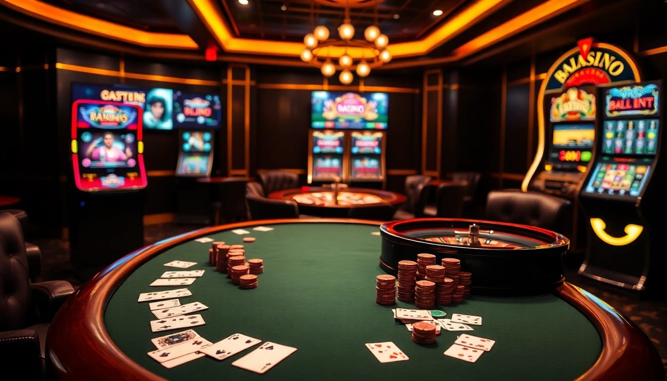 Participez à l'excitation du site de casino en ligne avec une table de poker luxueuse et une roue de roulette vibrante.