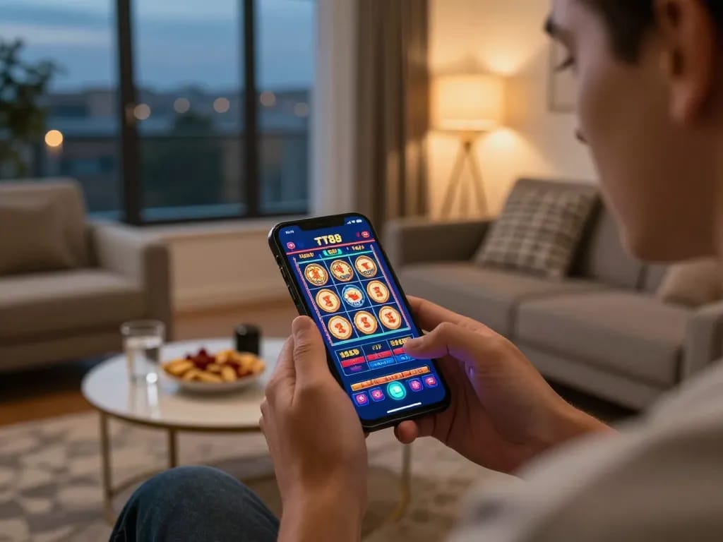Users engaging with TT88 app on smartphone in a cozy living room for enjoyable mobile gaming.