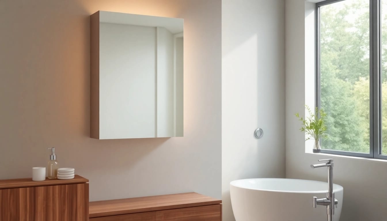 Stylish mirrored bathroom cabinet with light enhancing the modern bathroom aesthetic.