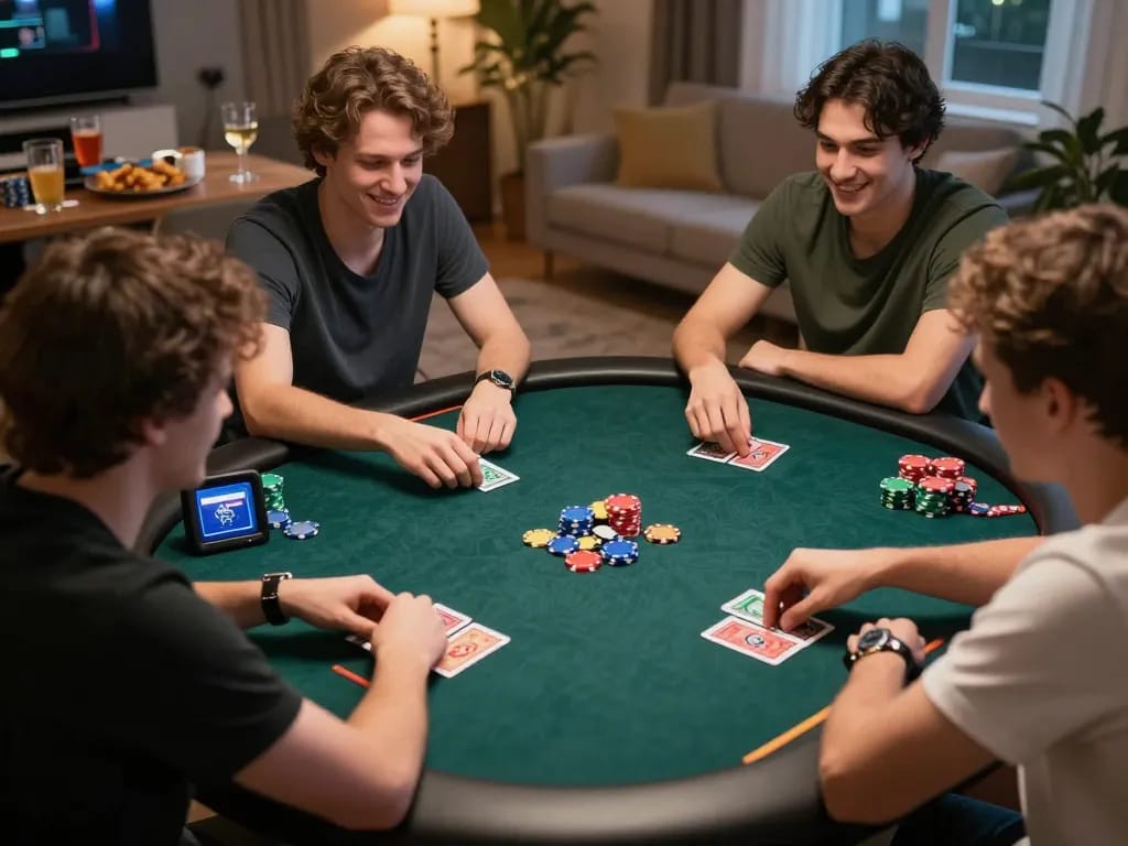 Enjoying poker online with friends in a cozy home setting featuring colorful poker chips.